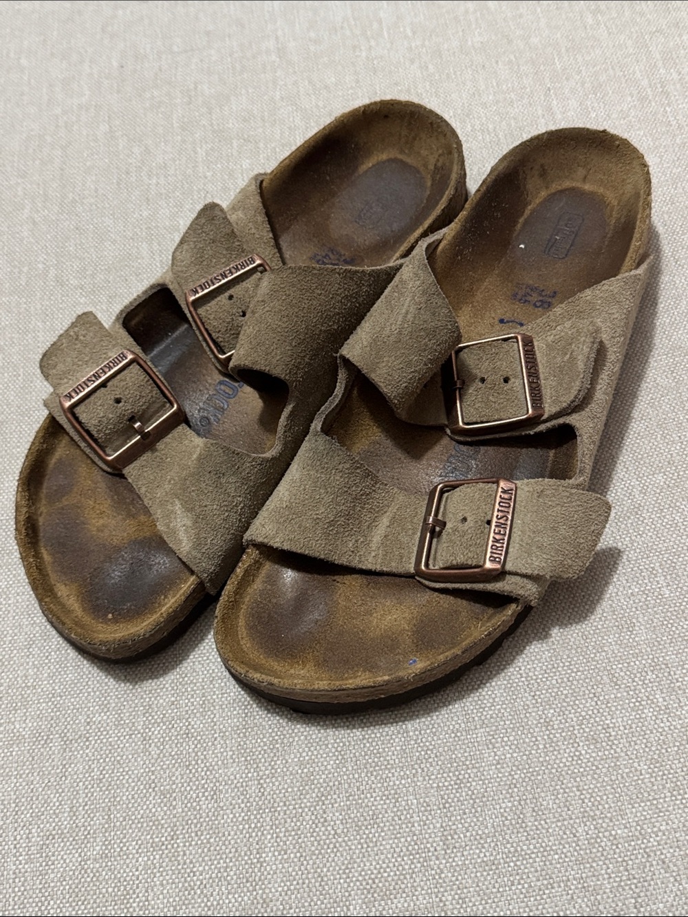 Birkenstock Suede Arizona Double Strap Sandals-Taupe-Narrow-Sz 38-Soft Footbed